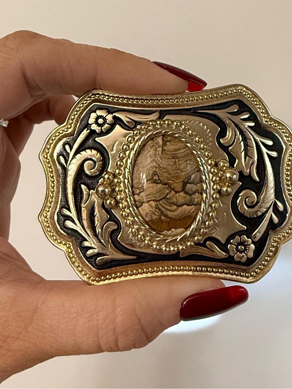 Vintage Style Floral Gold & Black enamel Belt Buckle with Stone Rodeo Western